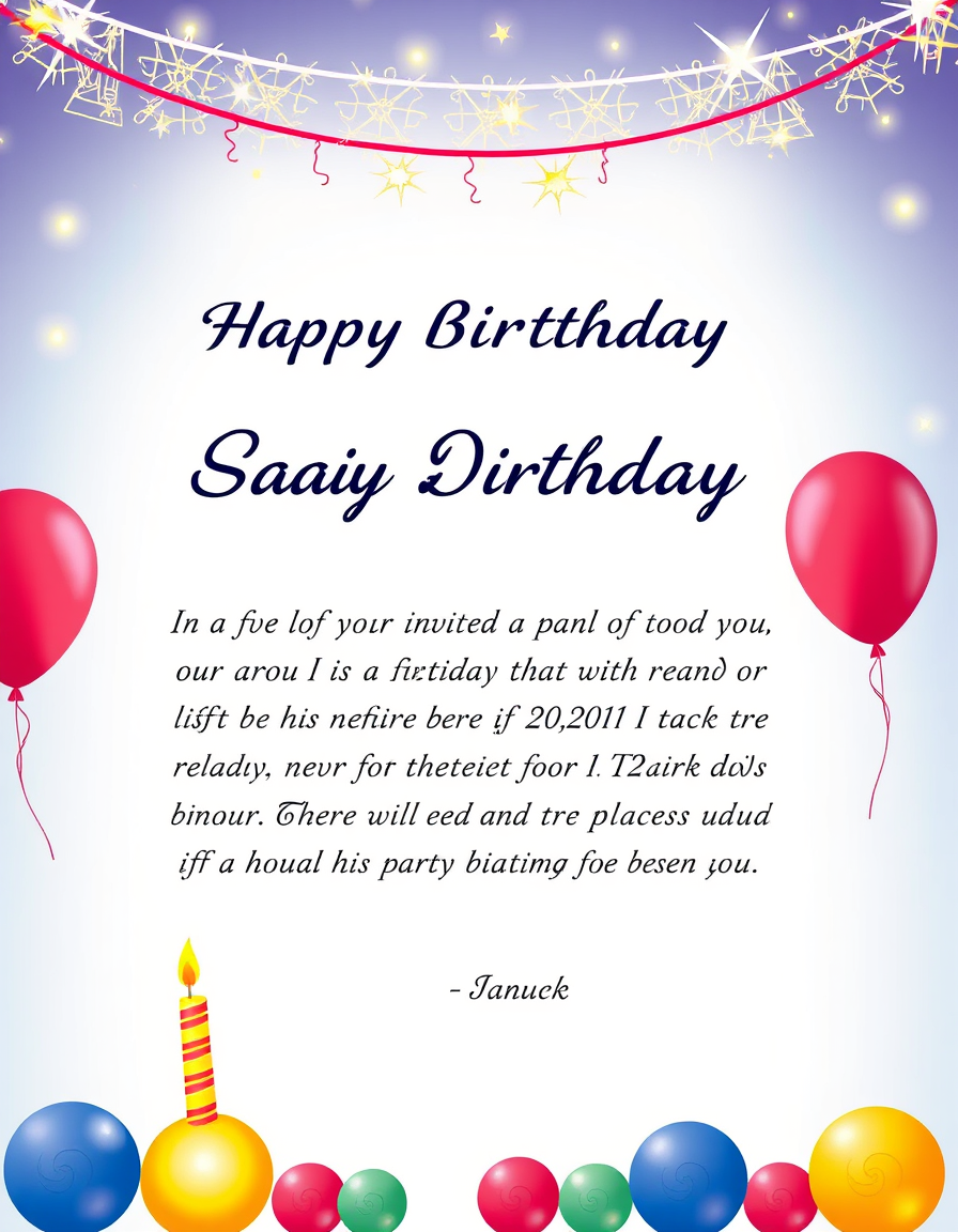 Main painting studio: Make a letter of invitation for the birthday party. Suaib Eathally invites you to his birthday 12th March 2027 at his place. There will infinite food