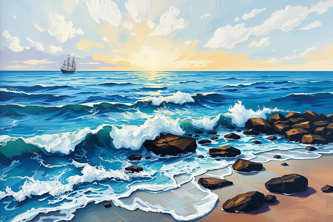 Oil Paintings idea: oil painting style, rich textures, brushstrokes, impasto technique, Seascape , classical oil painting, museum quality