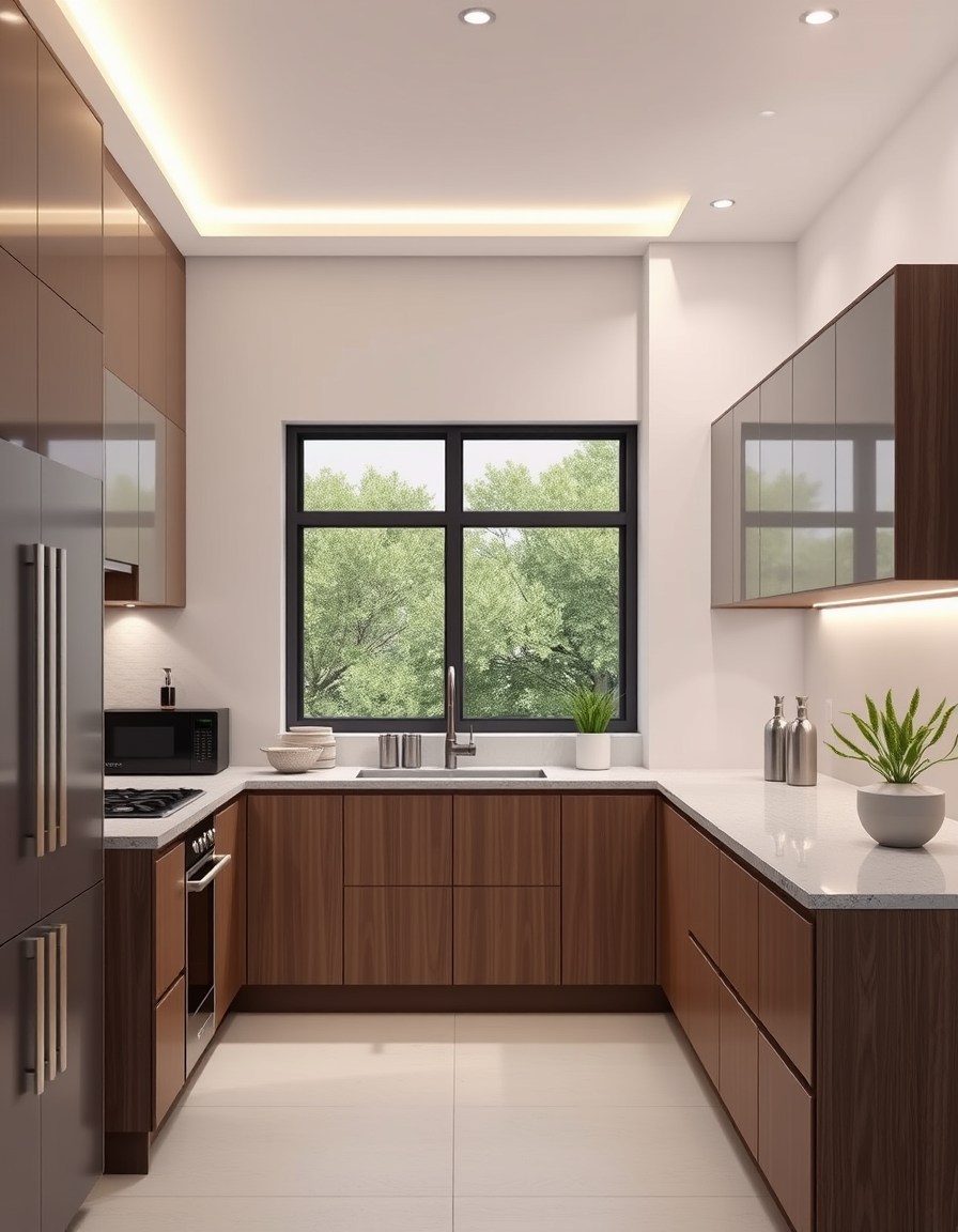 Kitchen Design idea: AI kitchen design, modern cabinetry countertops and lighting, photorealistic interior render, Os móveis da cozinha serão em duas paredes distintas A p