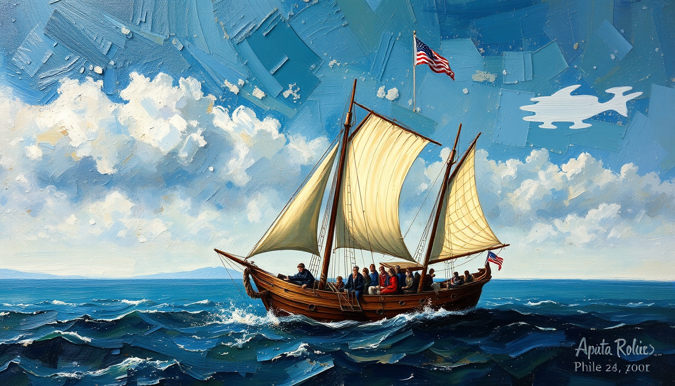 Oil Paintings idea: oil painting style, rich textures, brushstrokes, impasto technique, Mayflower sailing to America , classical oil painting, museum quality