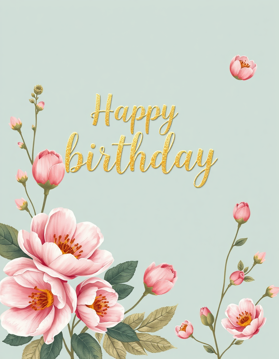 Birthday Cards idea: birthday card design, cheerful festive artwork, space for greeting, elegante Blütenkränze mit Goldbuchstaben, botanische Illustration , printable birt