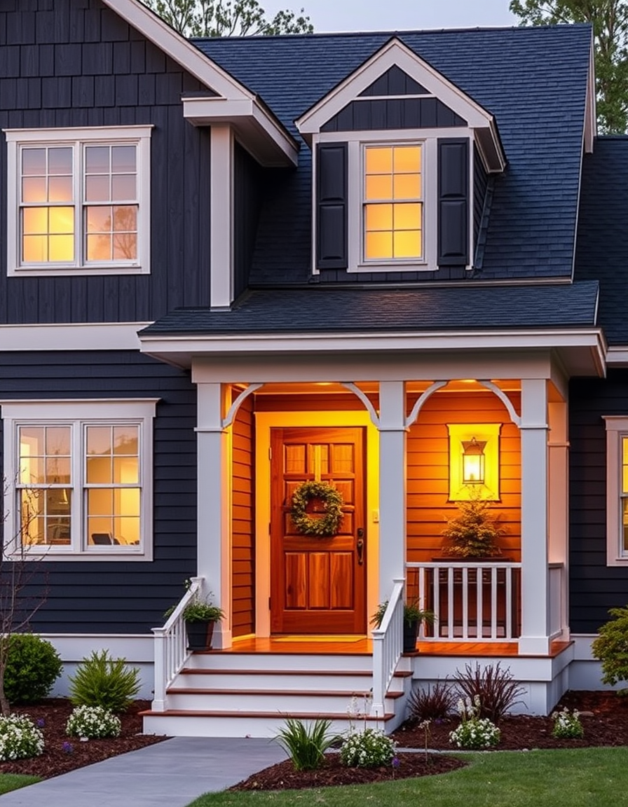 Exterior Paint idea: home exterior paint visualization, preserve architecture and landscaping, recolor siding trim and front door, A farmhouse exterior with soft black sid