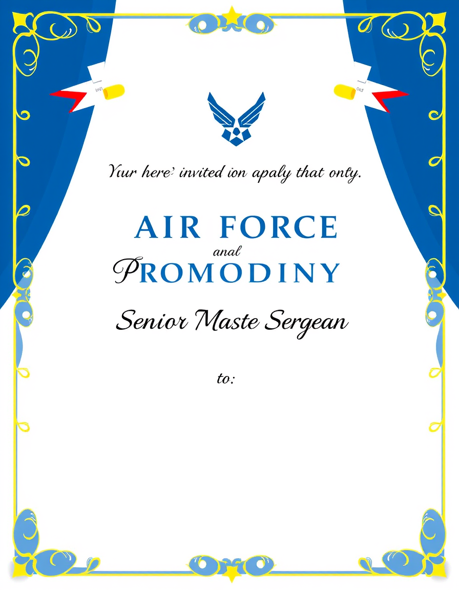 Invitation idea: party invitation design, festive layout, decorative border, space for event details, An Air Force Promotion Ceremony to Senior Master Sergeant , print