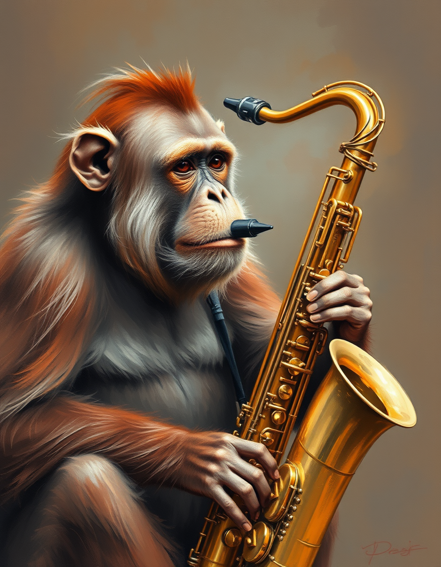 Turn Photo Into Paintings idea: a source photo redrawn with visible physical brushwork, deliberate composition, Orang-utan playing a tenor saxophone , polished painting, coherent det