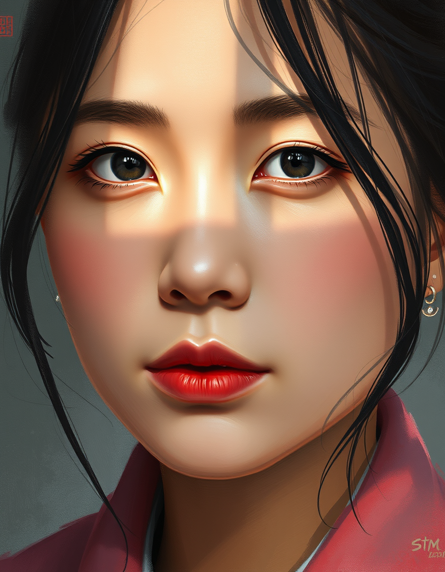 Portrait Into Paintings idea: painted portrait from photo, preserve face identity, flattering painterly lighting, japanese , fine art portrait, soft brushwork, natural skin tones, 