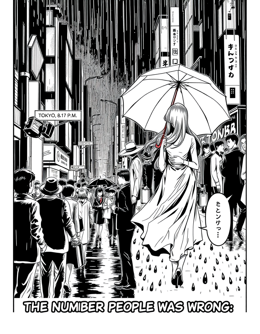 Comic Art idea: comic art, bold ink lines, halftone shading, dynamic composition, Black-and-white shounen manga, 4 panels. 1: Rainy Tokyo street at night, caption: “T