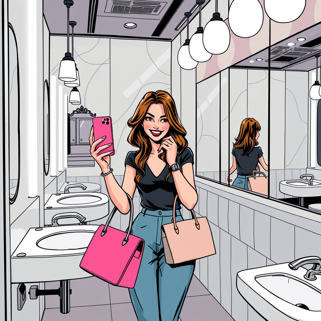 Comic Art idea: comic art, bold ink lines, halftone shading, dynamic composition, "A funny cartoon-style illustration of a fashionable young woman in a stylish restau