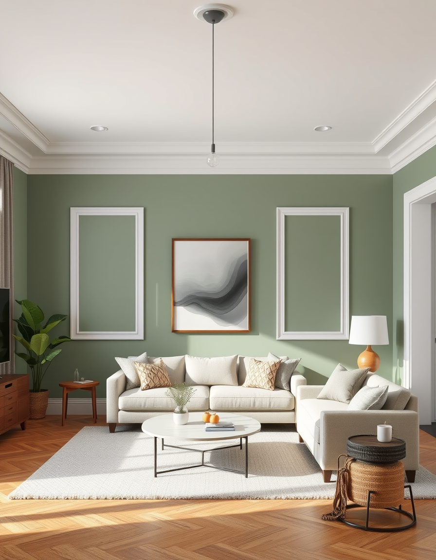 Paint Color idea: room repainted in a new wall color from the photo, accurate paint finish, photorealistic interior render, a living room with walls painted in sage gre