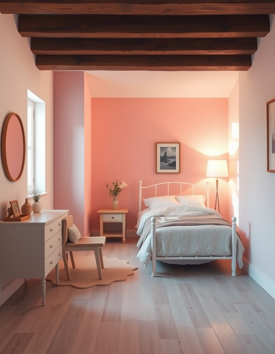Room Paint idea: room paint visualization, preserve furniture layout and lighting, change wall color only, Une petite chambre avec une literie blanc chaud, visualisez
