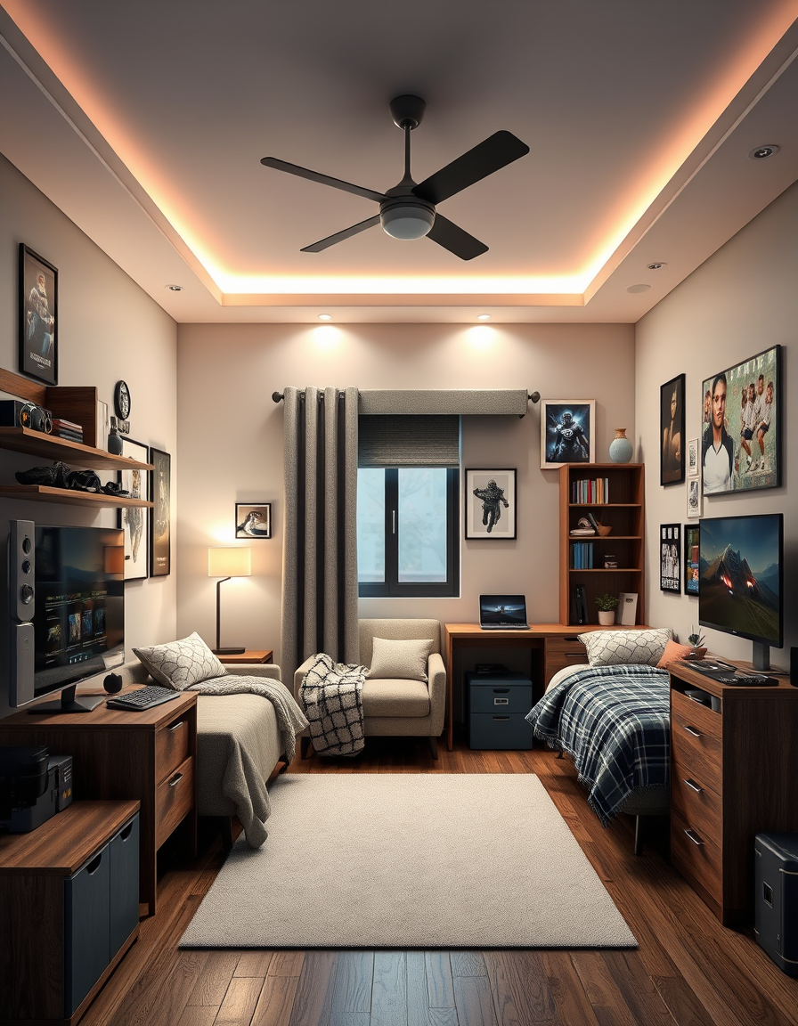 AI Interior Design idea created from the prompt: AI interior design, cohesive furniture layout decor and lighting, photorealistic interior render, A 11 year olds room that has lots of sport