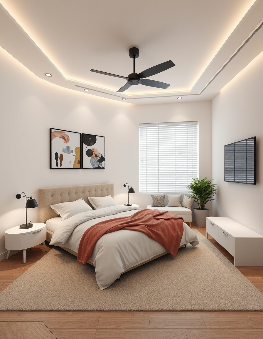 Bedroom Design idea: AI bedroom design, bed layout decor and lighting, photorealistic interior render, Créame una imagen de un dormitorio Con su cama king size su respalda