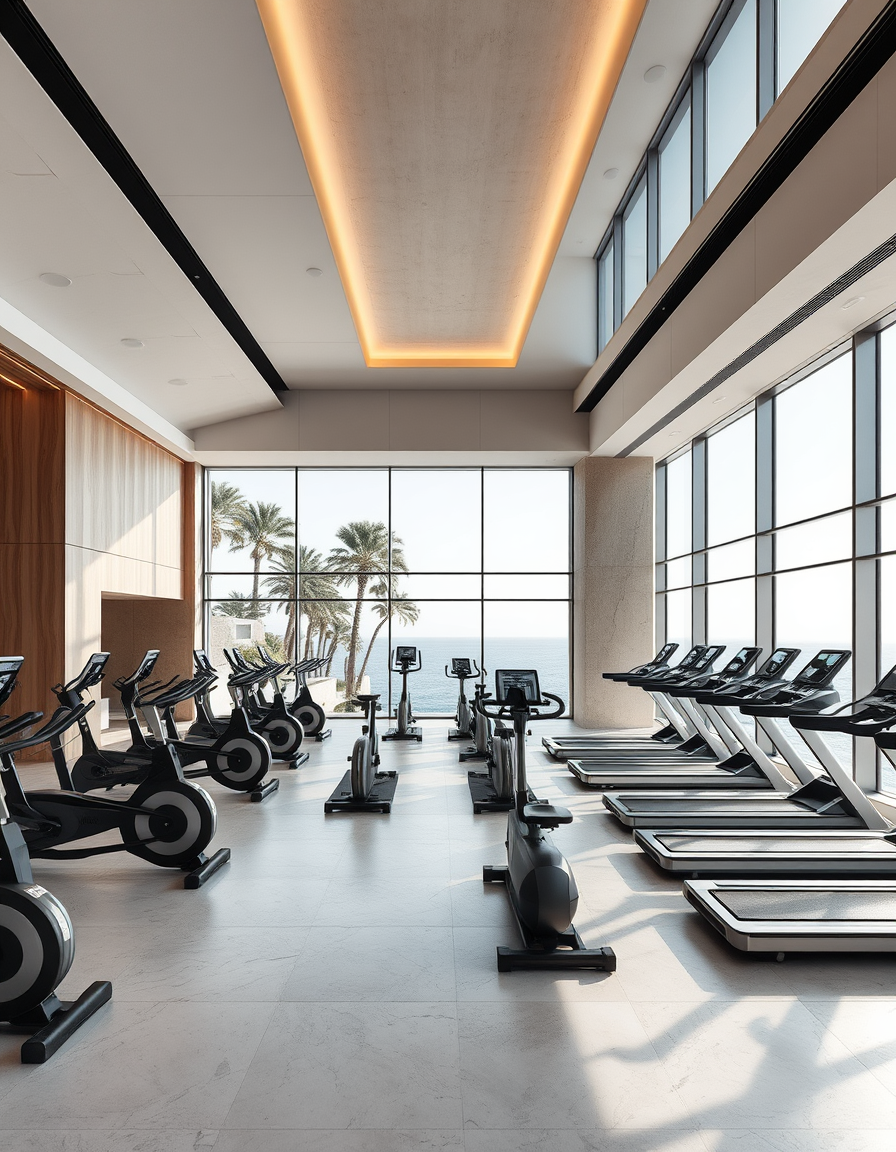 Main painting studio: Génère une photographie d'architecture intérieure extrêmement réaliste d'un espace cardio dans un club privé de sport de luxe nommé MARÉA, situé à Can