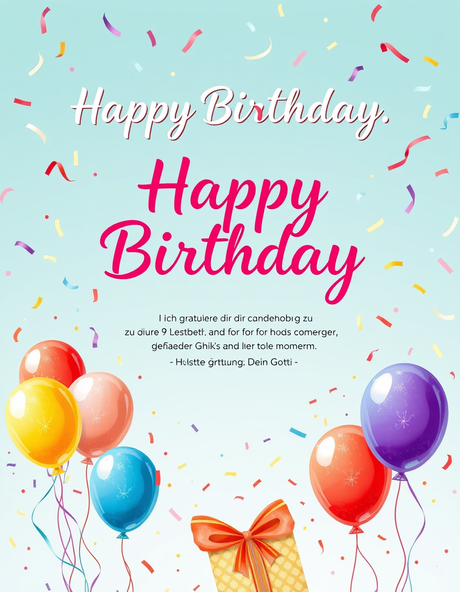 Birthday Cards idea: birthday card design, cheerful festive artwork, space for greeting, bunte Luftballons und Konfetti, Aquarell-Stil, fröhlich und festlich Als Überschri