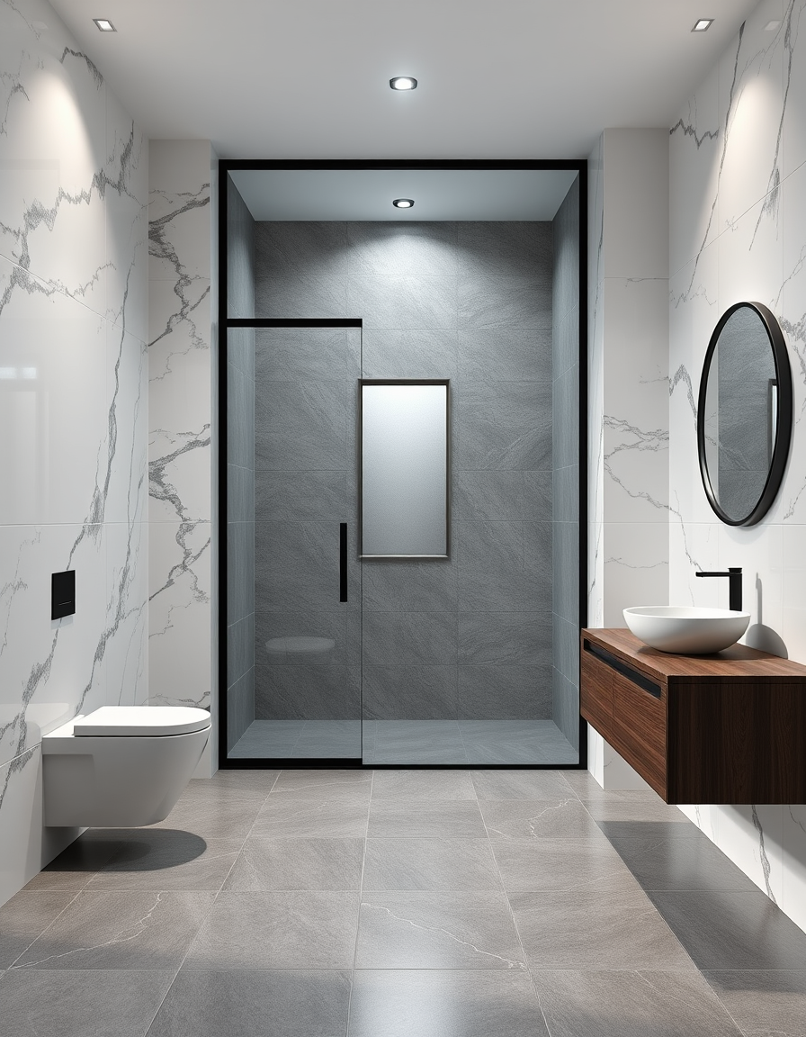 Bathroom Design idea: AI bathroom design, tiled surfaces vanity and fixtures, photorealistic interior render, Photorealistic interior architectural render of a spacious 25 