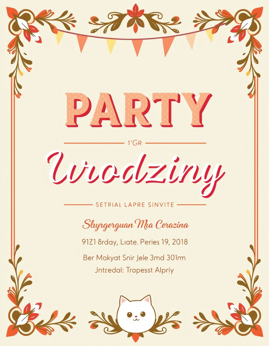 Invitation idea: party invitation design, festive layout, decorative border, space for event details, zaproszenia na urodziny w stylu katseye , printable invitation