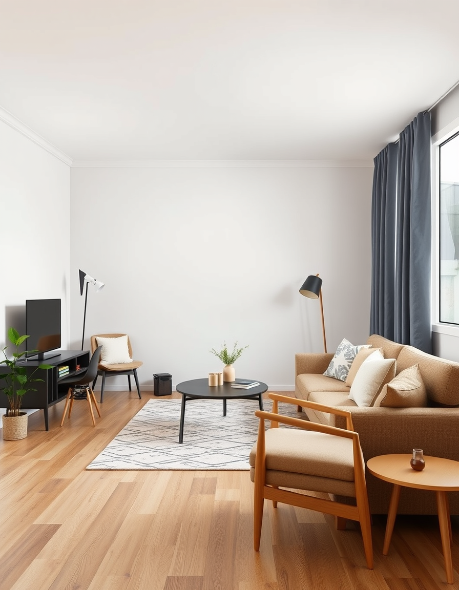 Virtual Staging idea: virtually staged empty room from the photo, tasteful furniture and decor added, photorealistic interior render, a bare studio apartment staged with a