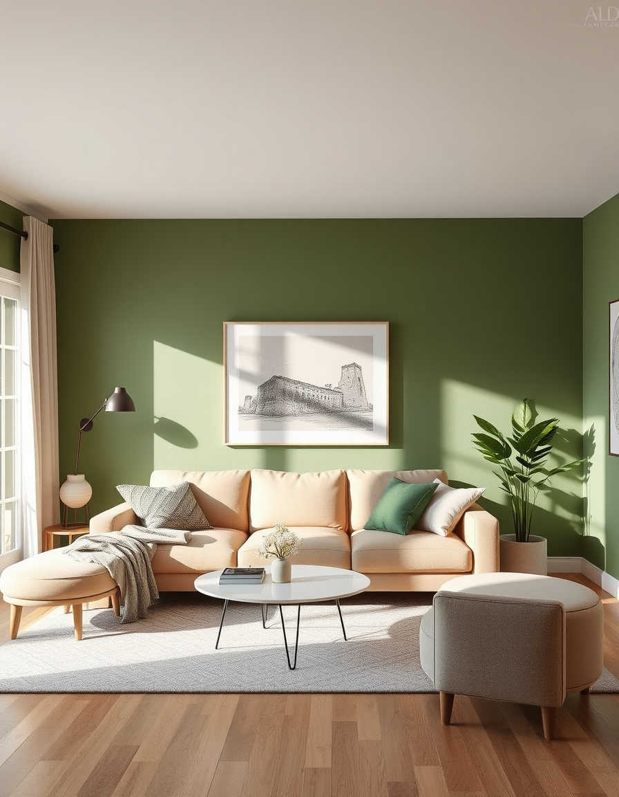 Room Paint idea: room paint visualization, preserve furniture layout and lighting, change wall color only, Un salon avec canapé beige et table basse en noyer, prévisua