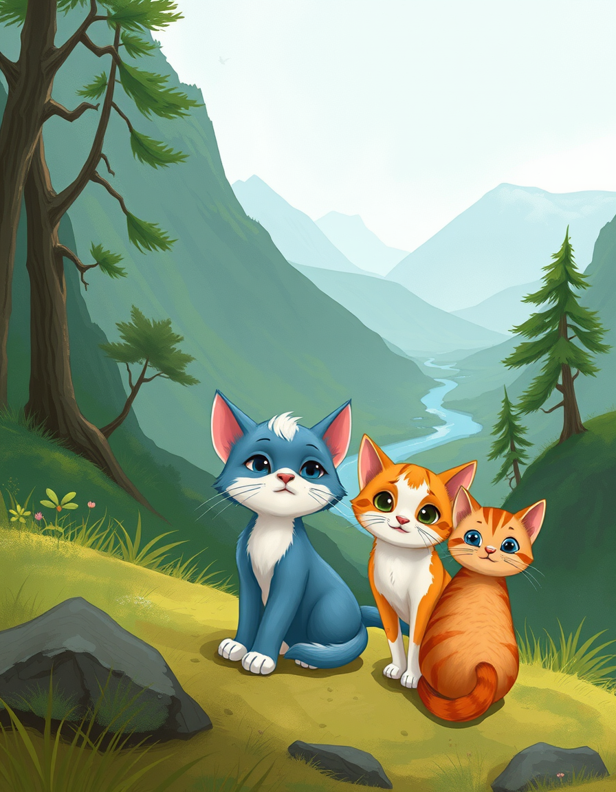 Book Covers idea: book cover composition, vertical 2:3 format, title-ready negative space at top, evocative subject, estilo: dibujos animados. un gato pequeño azul con