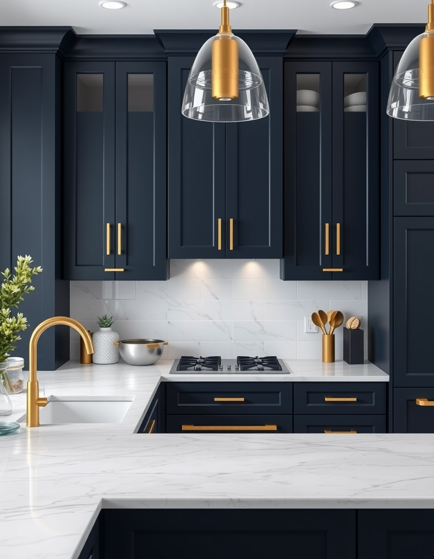 Kitchen Design idea: AI kitchen design, modern cabinetry countertops and lighting, photorealistic interior render, a dark and dramatic kitchen with navy blue cabinets, gol