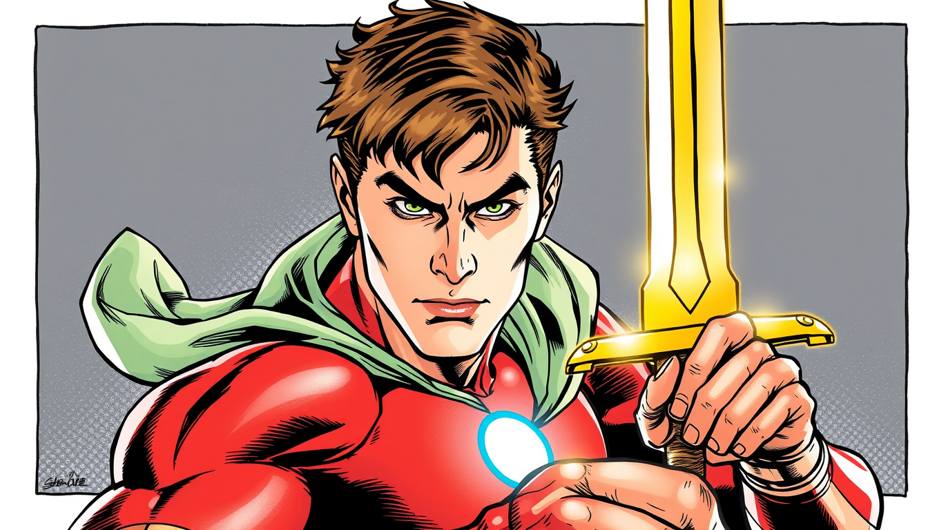 Comic Art idea: comic art, bold ink lines, halftone shading, dynamic composition, marvel comics style, young man around 25, brown short hair with curtains, green eyes