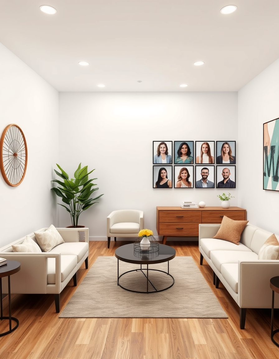 Virtual Staging idea: virtually staged empty room from the photo, tasteful furniture and decor added, photorealistic interior render, medspa wall art introducing staff head