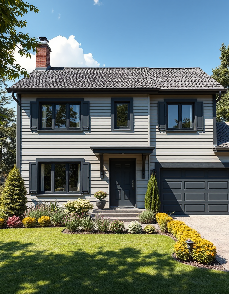Exterior Paint idea: home exterior paint visualization, preserve architecture and landscaping, recolor siding trim and front door, Ein modernes haus in osteuropa mit graue