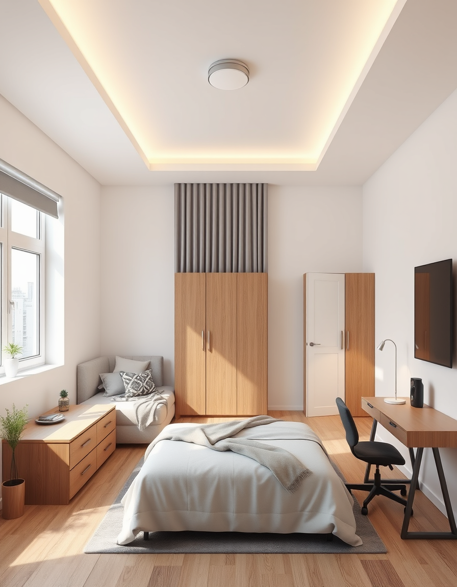 Room Design idea: AI room design, full room layout furniture and lighting, photorealistic interior render, I have a room 3.75 m × 3.40 m. Furniture: wardrobe 200×60 cm,