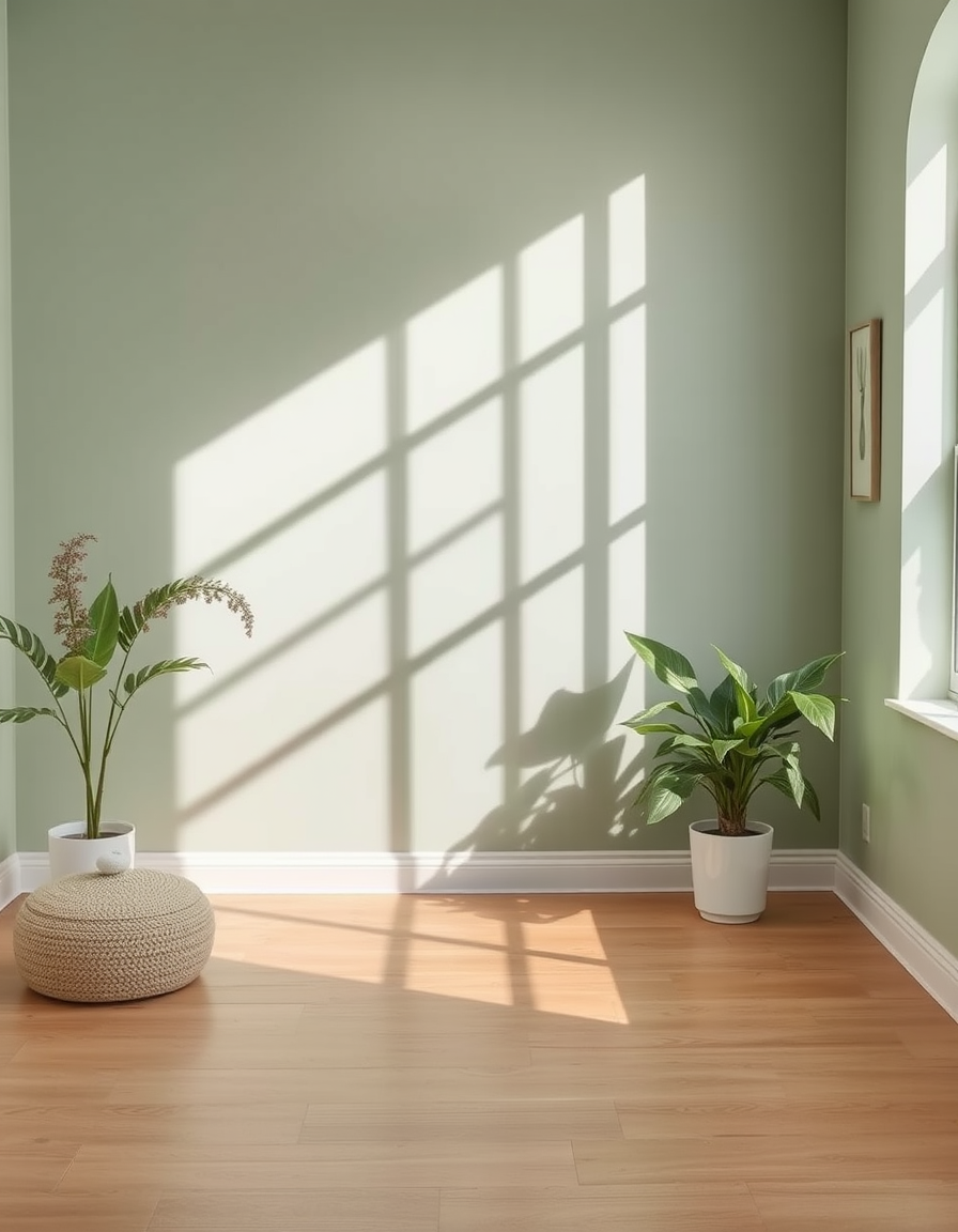 Main painting studio: room repainted in a soft sage wall colour, natural daylight