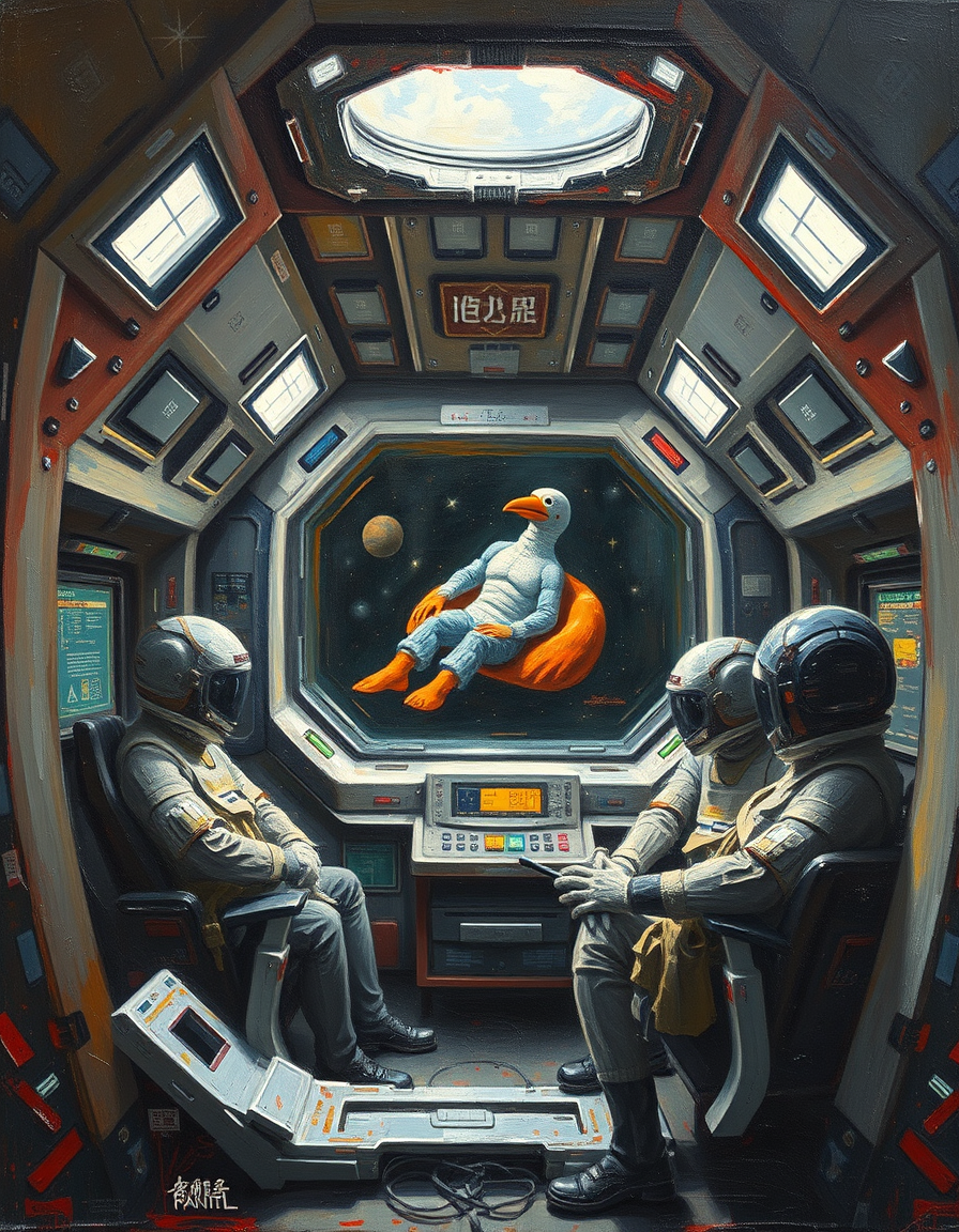 Oil Paintings idea: oil painting style, rich textures, brushstrokes, impasto technique, Paint me inside a space ship inside the ship the crew and ai screen , classical oi