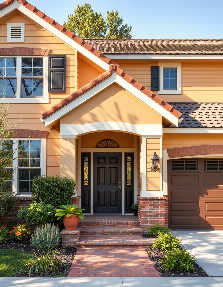 Exterior Paint idea: home exterior paint visualization, preserve architecture and landscaping, recolor siding trim and front door, A mild creamy orange single story ranch