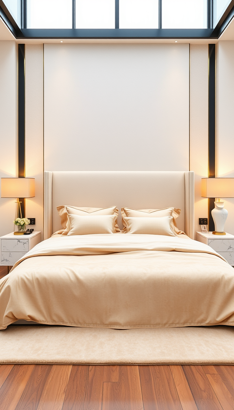 Picture Into Watercolor idea: turn picture into watercolor, transparent washes, paper texture, soft pigment edges, Luxury modern master bedroom, king-size bed with cream upholstere