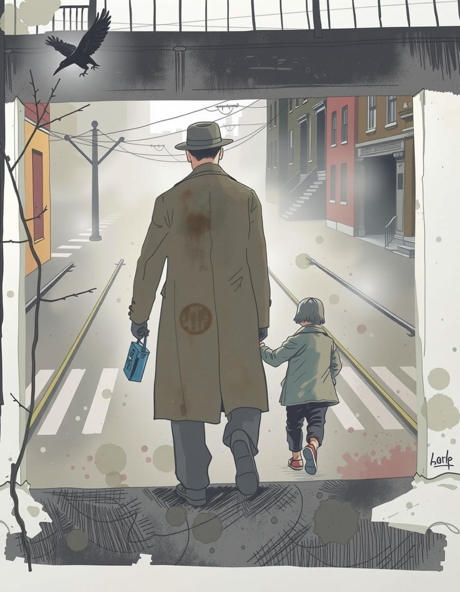 AI Painting prompt example created from the prompt: Literary horror book cover, watercolor and ink. A tall figure in a long coat and bowler hat walks away down a foggy 1936 Bronx street, eleva