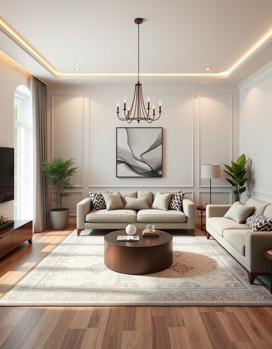 Interior Design idea: AI interior design, cohesive furniture layout decor and lighting, photorealistic interior render, je vous donner mon salaon e une tapis et coussins et