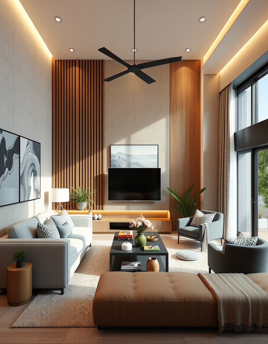 AI Interior Design idea created from the prompt: AI interior design, cohesive furniture layout decor and lighting, photorealistic interior render, یک دیوار سه متری که یک متر و نیم آن پنجره