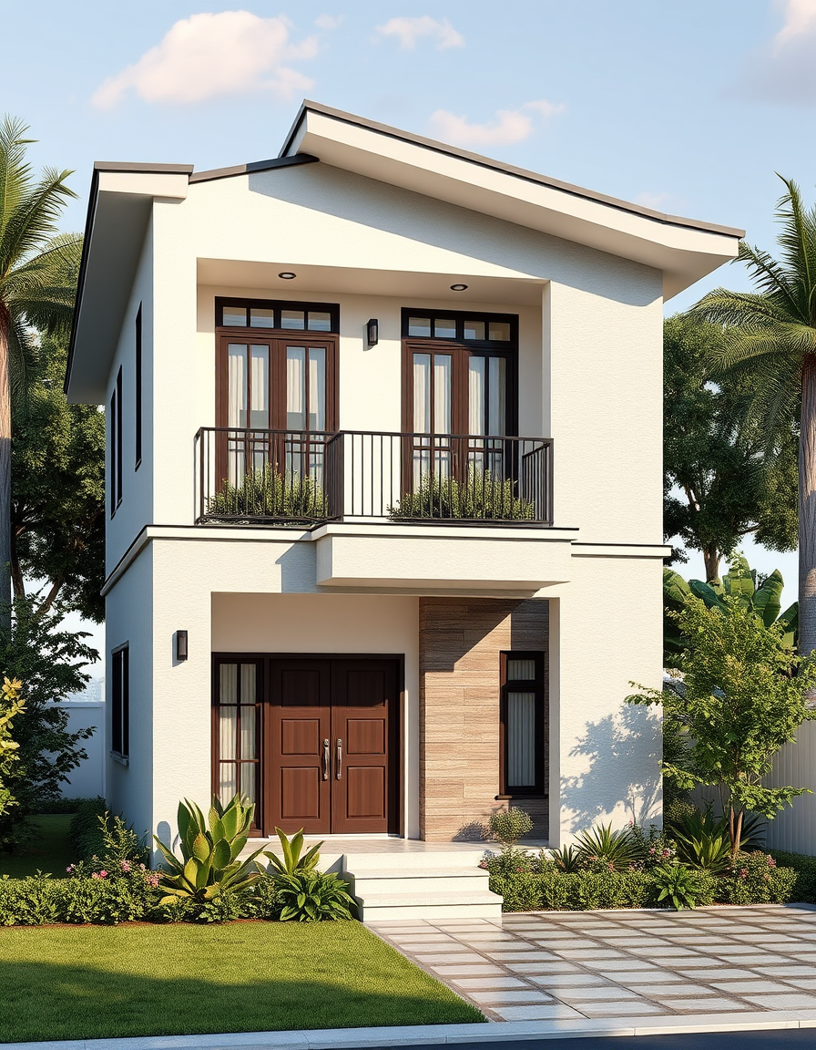 House Exterior Design idea: AI house exterior design, facade materials roofline and landscaping, photorealistic render, TWO LEVEL HOUSE BOTTOM 16 X 24 TOP 20 X 28 , home exterior