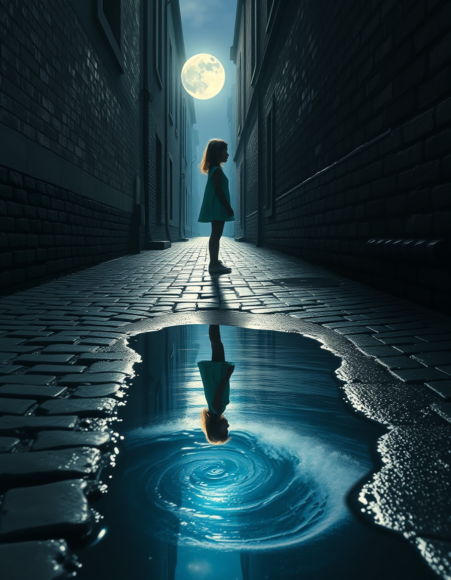 Main painting studio: Surrealism within realism: a cobblestone alley, a puddle, and a girl standing over it. There is the girl and the moonlight, yet the reflection in the 