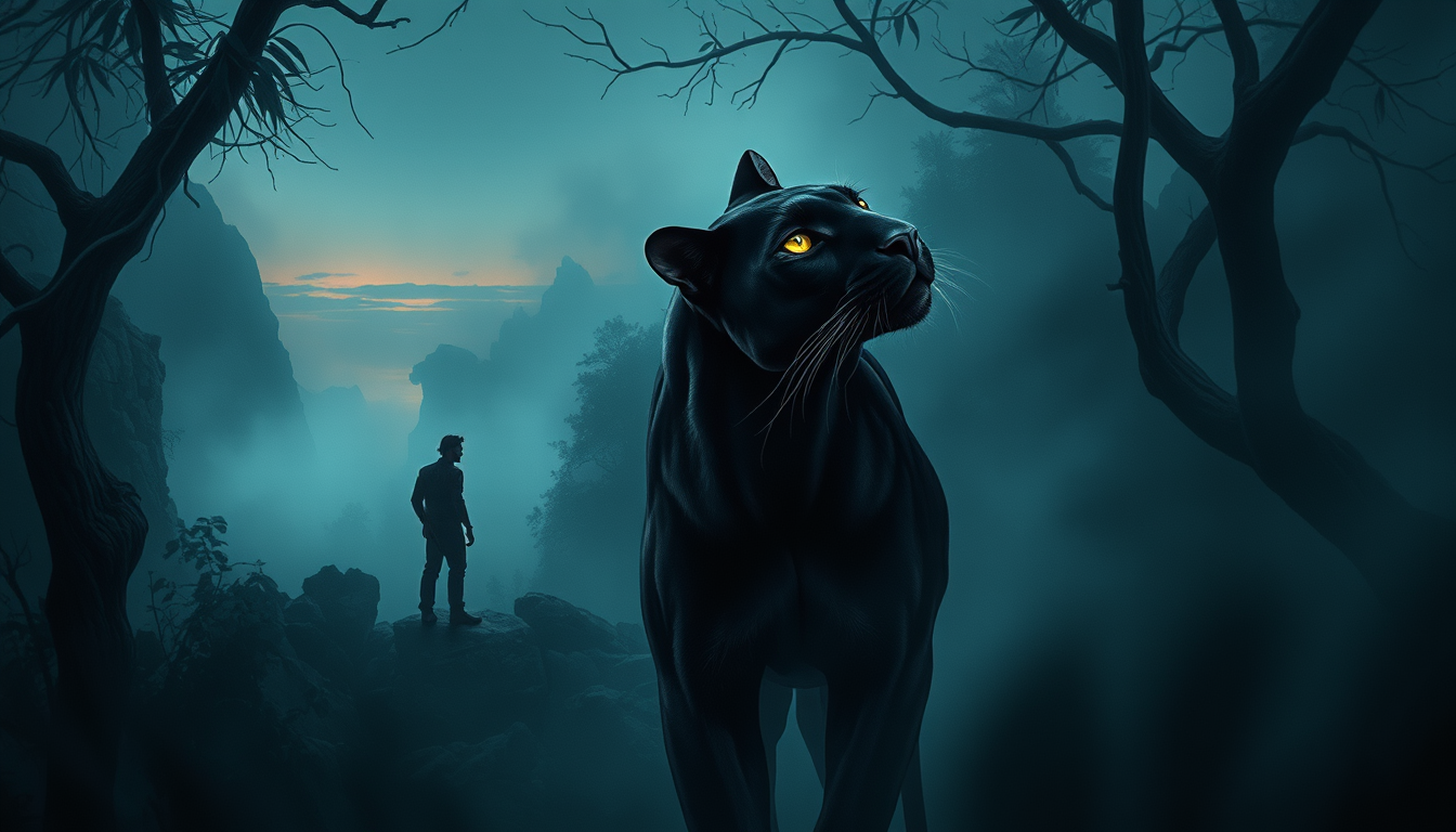 Main painting studio: An elegant, sensual black panther with a sleek, graceful body and mesmerizing golden eyes locks gazes with a lone explorer in a misty jungle. Twisted