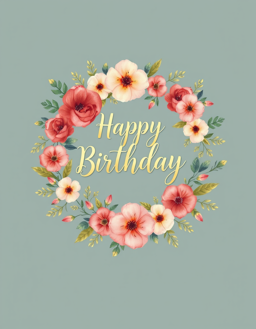 Birthday Cards idea: birthday card design, cheerful festive artwork, space for greeting, elegant floral wreath with gold lettering, botanical illustration , printable birt
