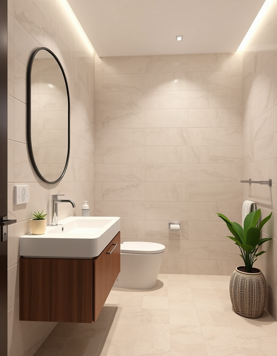 Bathroom Design idea: AI bathroom design, tiled surfaces vanity and fixtures, photorealistic interior render, 廁所左身為洗面盤,灰色石面, 中間為馬桶, 牆色為白色, 地下為淺紅色, 右邊為企缸, 地下為黑色,牆身分兩色,上半為中灰色