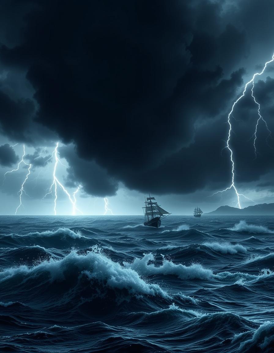 Book Covers idea: book cover composition, vertical 2:3 format, title-ready negative space at top, evocative subject, A book cover featuring a dark stormy sea with storm