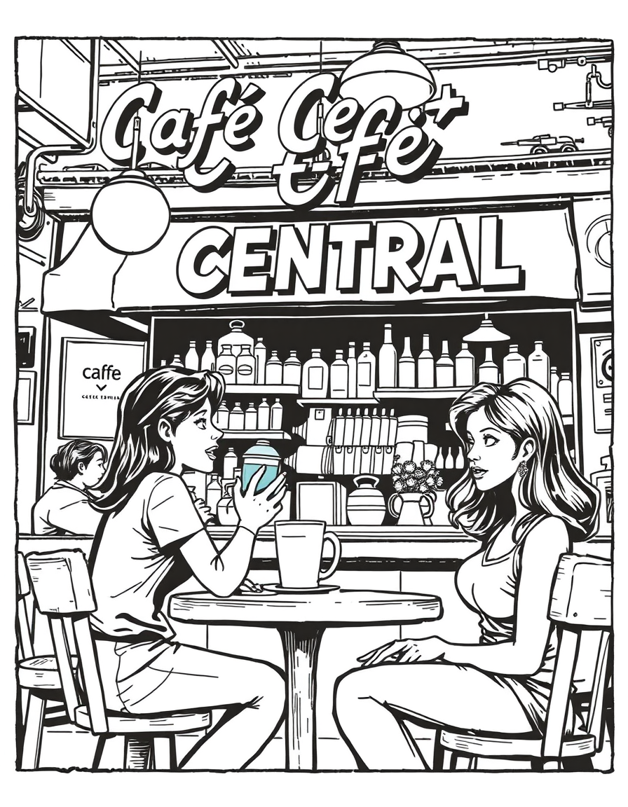 Comic Art idea: comic art, bold ink lines, halftone shading, dynamic composition, Crea un cómic de 6 viñetas sobre “Café Central”, una cafetería que busca atraer jóve