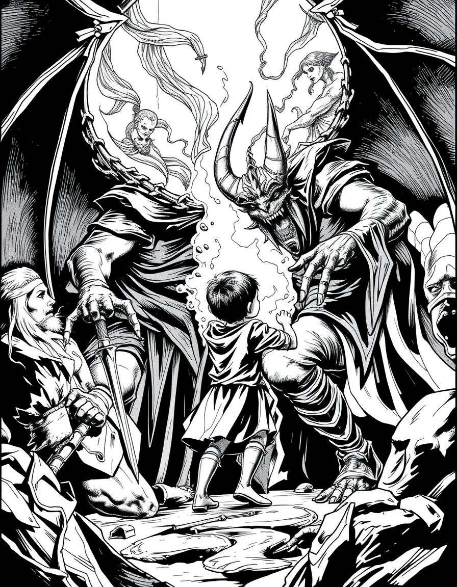 Comic Art idea: comic art, bold ink lines, halftone shading, dynamic composition, the demon king captures the hero's child and hypnotizes and indoctrinates him him to