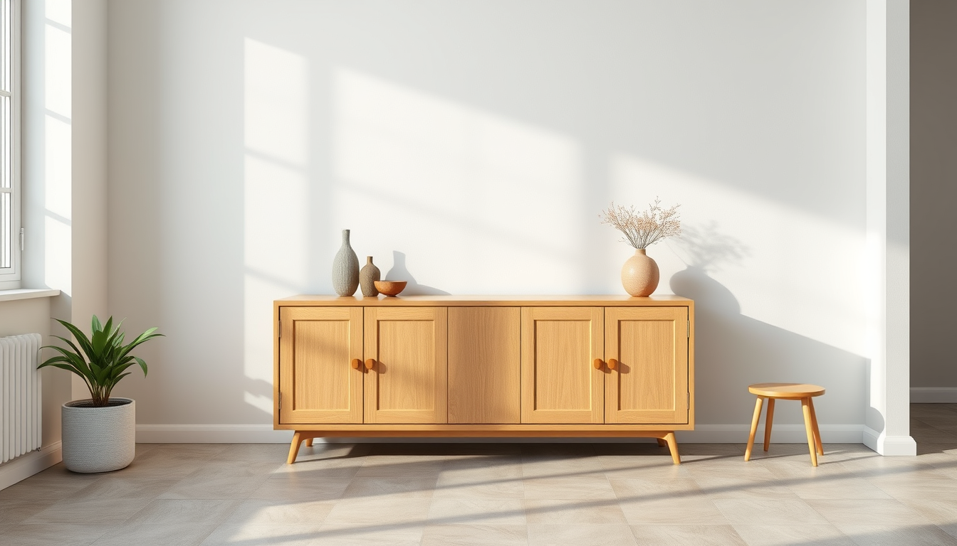 Room Paint idea: room paint visualization, preserve furniture layout and lighting, change wall color only, Eine Wand wo ein Jysk Sandy Sideboard mit 3 türen vorsteht, 