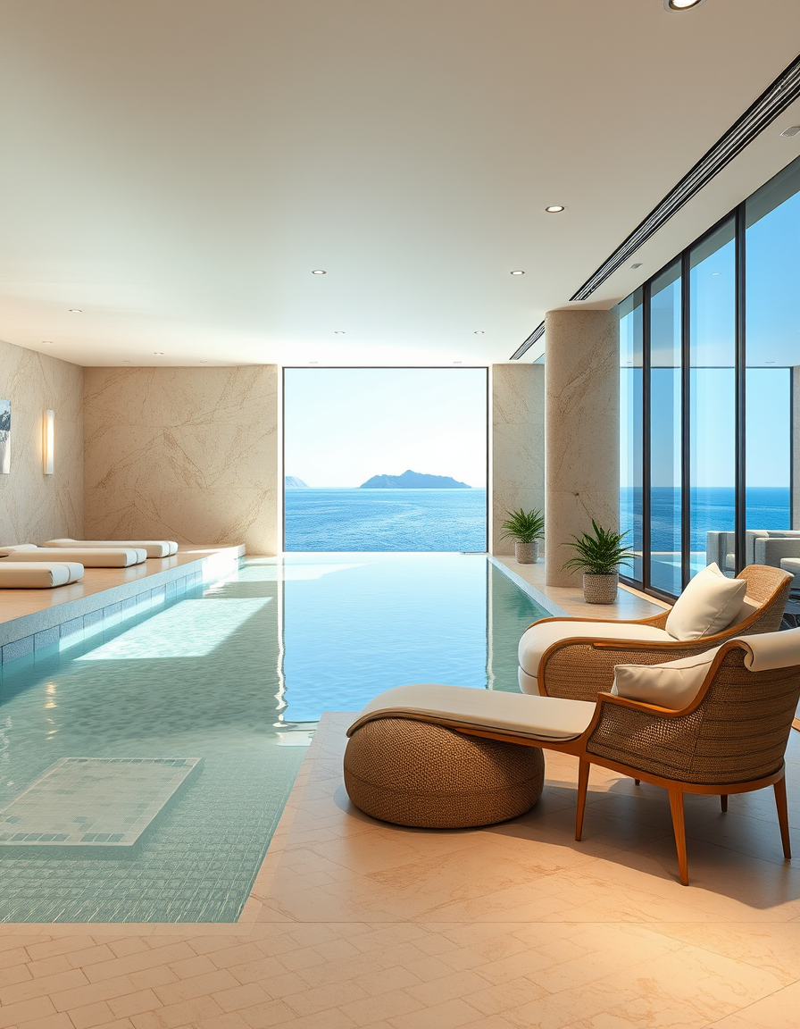 Main painting studio: Génère une photographie d'architecture intérieure ultra réaliste du spa d'un club de luxe nommé MARÉA, situé à Cannes, sur la Côte d'Azur, face à la m