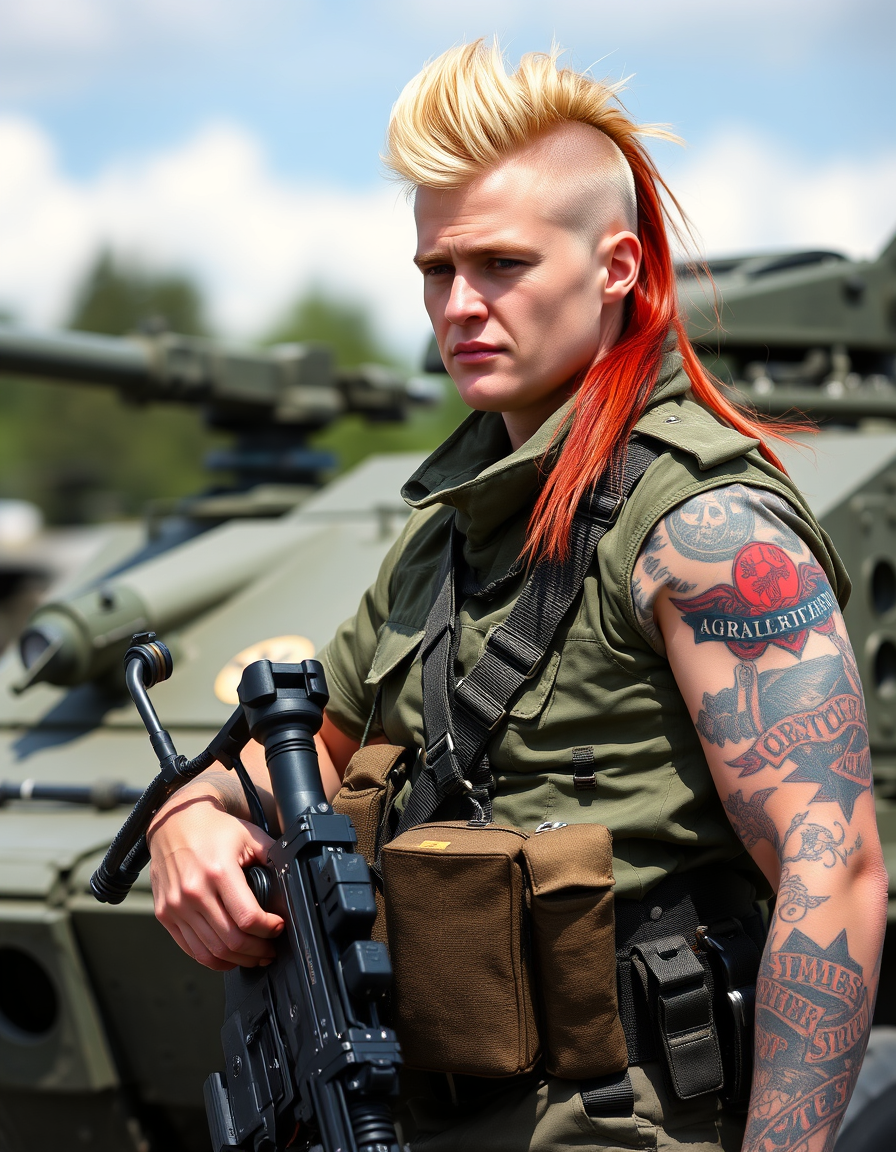 Main painting studio: 1 Soldat blond kurzer mullet mit kfz mechatroniker klamotten und tattoos 1 Militär Offizier blond buzzcut groß muskolös 1 Militär Pilotin rot gefärbte