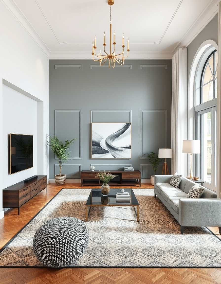 AI Room Design idea created from the prompt: AI room design, full room layout furniture and lighting, photorealistic interior render, living room in benjamin moore athena #858 , room de