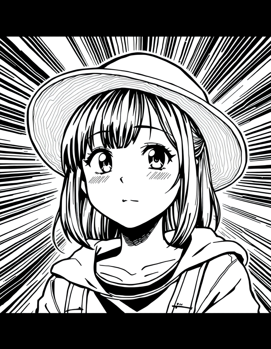Comic Art idea: comic art, bold ink lines, halftone shading, dynamic composition, Cute Korean anime girl wearing a hat , graphic novel illustration, comic panel ready