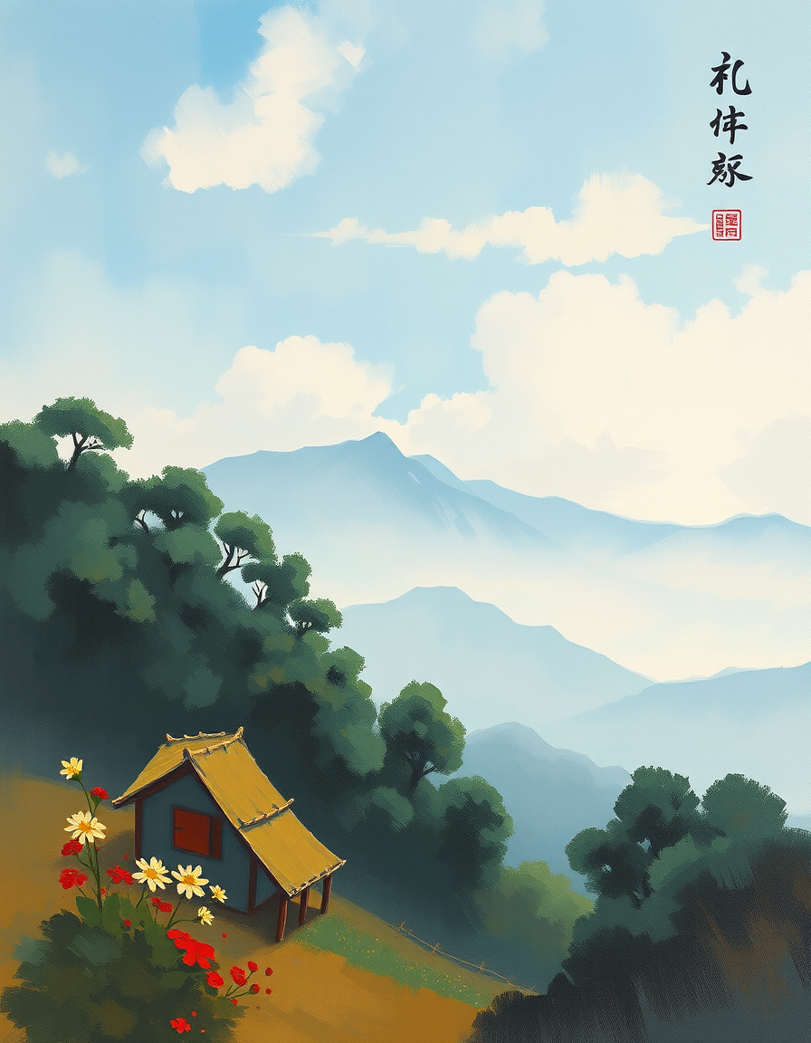Landscape idea: painted landscape, atmospheric perspective, hand-brushed sky and foliage, gallery composition, 藍綠色的湖水，周圍有小橋、開著紅色花、黃色花、紫色花的樹木 , painted-landscape galle