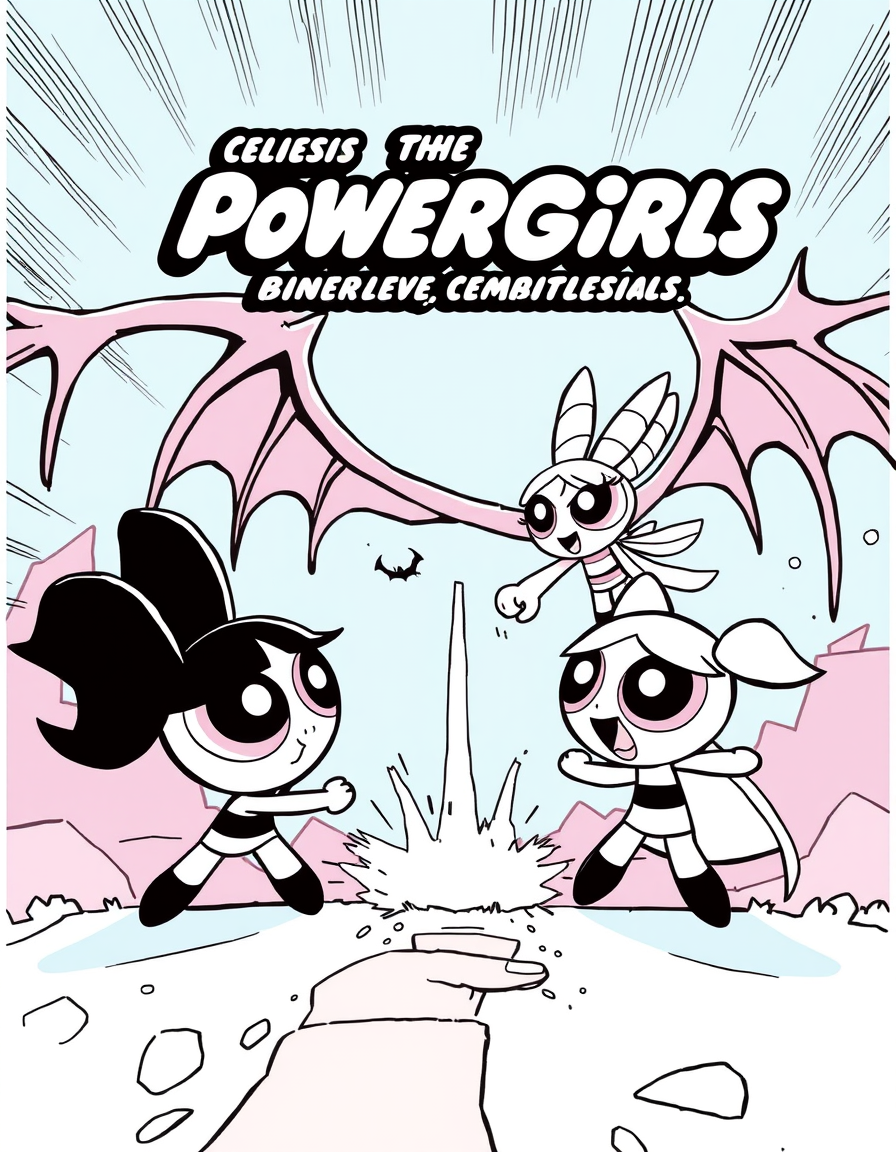 Comic Art idea created from the prompt: comic art, bold ink lines, halftone shading, dynamic composition, Make a comic book cover for “The Powerpuff Girls vs. Queen Chrysalis” and