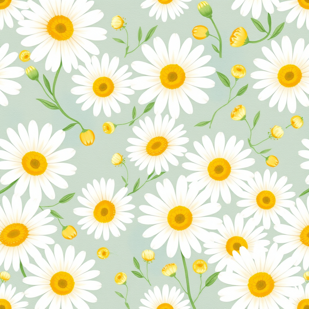 Watercolor idea: watercolor painting, soft transparent washes, wet-on-wet bleeds, paper texture visible, Medium watercolor daisy pattern, white and yellow daisies with